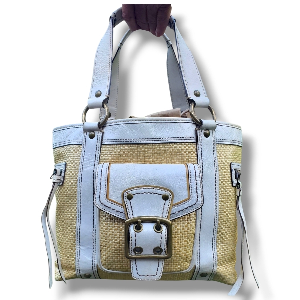 Coach Legacy Y2K LO5K-113 Shopper Tote White Leather & Natural Straw Vintage Bag